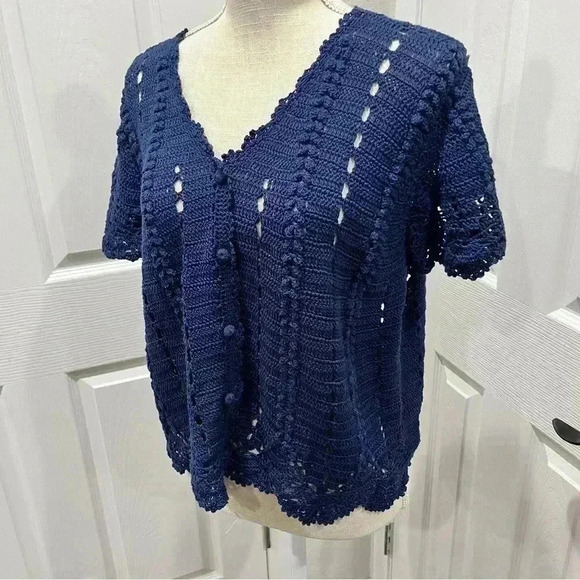 Vintage Kroshetta by papillon crochet button front sweater in dark blue❤️ - Picture 2 of 9